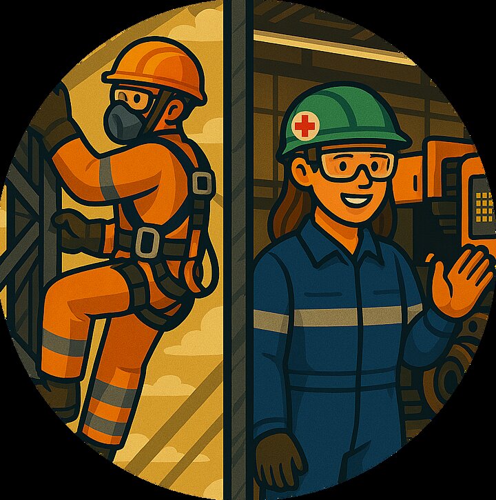 Grafika przedstawia kolaż w konwencji komiksowej w którym z prawej strony znajduje się człowiek z uprzężą, kaskiem i w ubraniu roboczym wspinający się na konstrukcję, a z prawej strony znajduje się kobieta w stroju roboczym i zielonym kasku z naklejką z czerwonym krzyżem która stoi w fabryce, a w tle znajduje się maszyna