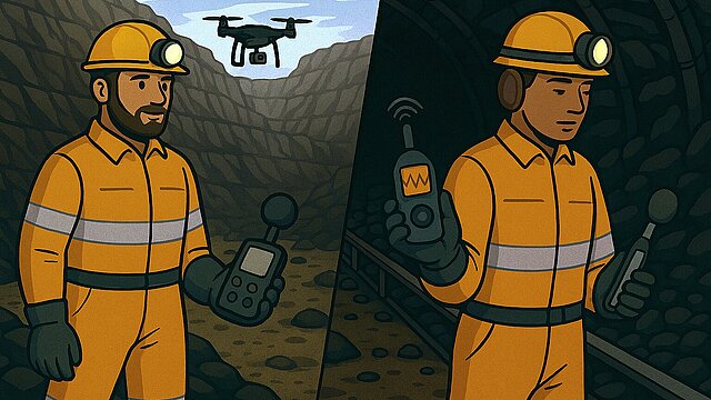 Grafika narracyjna w styku komiksowym - z lewej strony pracownik pilotujący drona w kopalni odkrywkowej, z prawej pracownik mierzący hałas w kopalni podziemnej