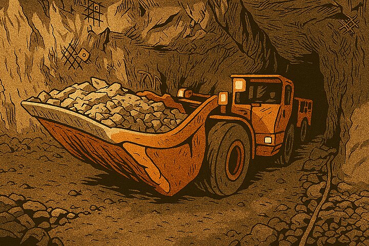 Widok ładowarki w kopalni rudnej z lemieszem wypełnionym skałą w wyrobisku kopalnianym w stylistyce komiksowej