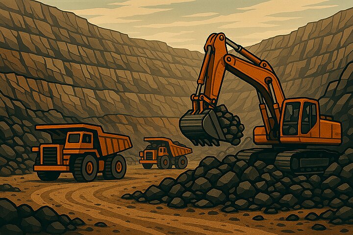 Grafika w stylistyce komiksowej przedstawiająca kamieniołom z koparką podsiębierną oraz dwoma samochodami technologicznymi