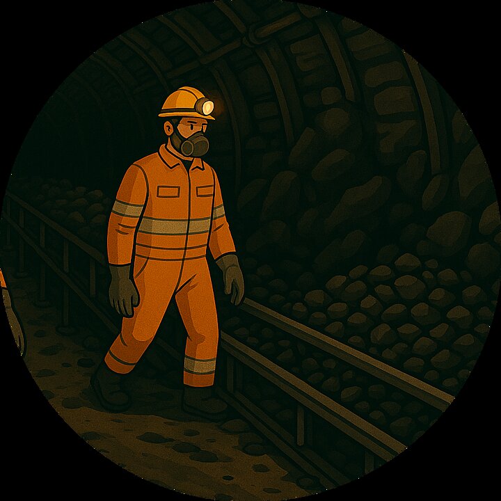 Grafika w stylistyce komiksowej przedstawiająca pracownika w kasku i ubraniu roboczym i masce w wyrobisku podziemnym obok taśmociągu