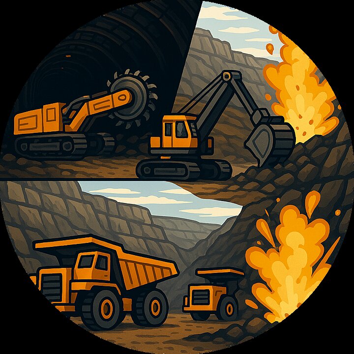 Grafika przedstawia kolaż w stylistyce komiksu w którym widoczne jest wyrobisko podziemne z kombajnem, koparka podsiębierna i detonacja w kopalni odkrywkowej oraz na dole samochody technologiczne w kamieniołomie